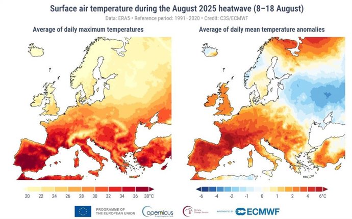 (Esquerda) Temperatura média diária máxima do ar na superfície durante os 11 dias de 8 a 18 de agosto de 2025. (Direita) Anomalias médias diárias da temperatura do ar na superfície durante o mesmo período, em relação à temperatura do ar na superfície dura