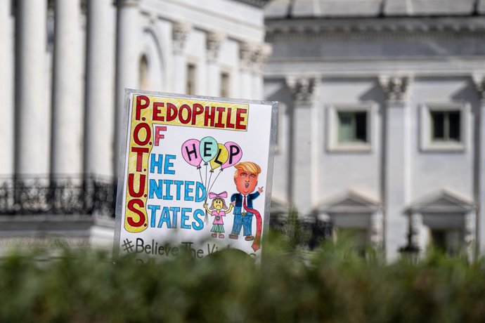September 3, 2025, Washington Dc, New York, USA: An anti-Trump sign is seen outside of the Capitol Building where a press conference is held on Wednesday with the alleged victims of disgraced financier and sex trafficker in an effort to get the full files