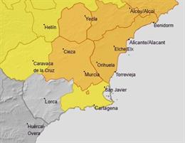 El Altiplano y la Vega del Segura, en aviso de nivel naranja este martes por lluvias y tormentas