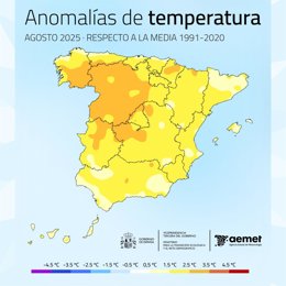 Mapa elaborado por la Aemet sobre las anomías de temperaturas registradas en España en el mes de agosto