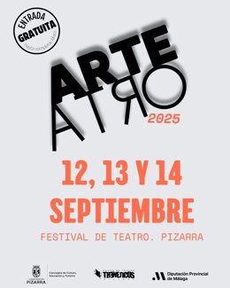 Cartel de Arteatro 2025, festival con propuestas teatrales diversas y para todo tipo de públicos que este fin de semana se podrán disfrutar gratis en Pizarra.