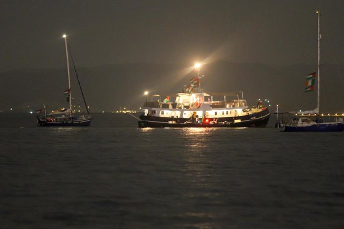 September 9, 2025, Tunis, Tunis, Tunisia: A Gaza bound flotilla boat is seen in Tunisian waters, after organizers said it was struck by a drone. All Passengers were reported safe.