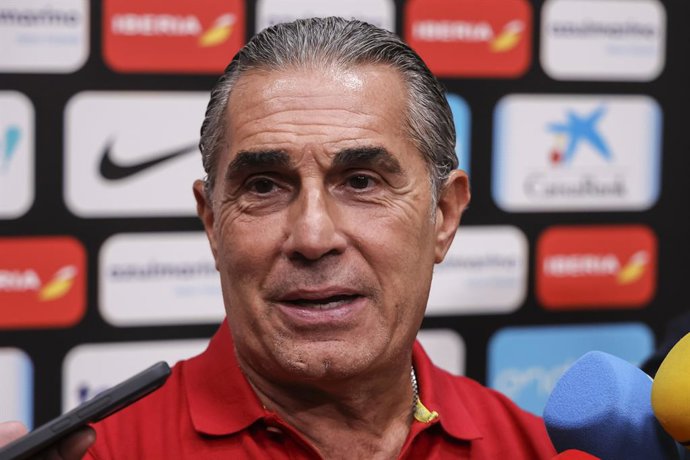Sergio Scariolo, head coach, attends his press conference the training day of Spain ahead the Ciudad de Badalona Tournament, a basketball match against France at the Olimpic Arena on August 13, 2025, in Badalona, Spain.