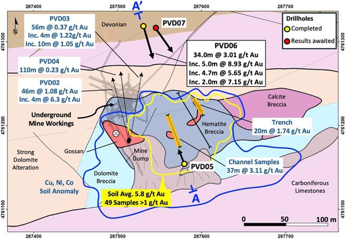Figure 1 - Summary Geology map and drillhole locations; A - A’ cross section location