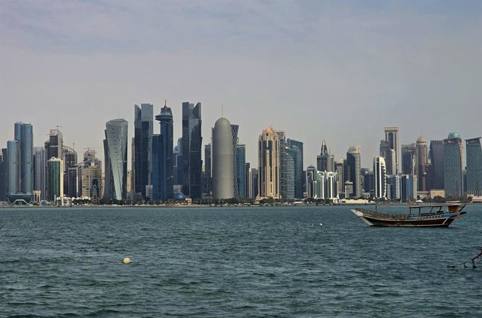 February 28, 2025, Doha, Qatar: General view of a wooden sailboat sailing in Doha Bay, Qatar.