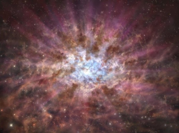 Impressão artística de um quasar envolto em poeira no Universo primitivo.