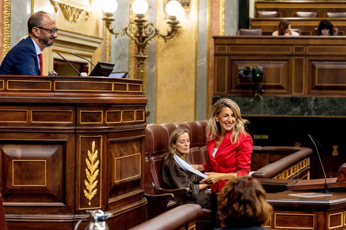 La vicepresidenta segunda y ministra de Trabajo y Economía Social, Yolanda Díaz, durante una sesión plenaria, en el Congreso de los Diputados, a 9 de septiembre de 2025, en Madrid (España). El Pleno del Congreso debate hoy, entre otras enmiendas, el Real 