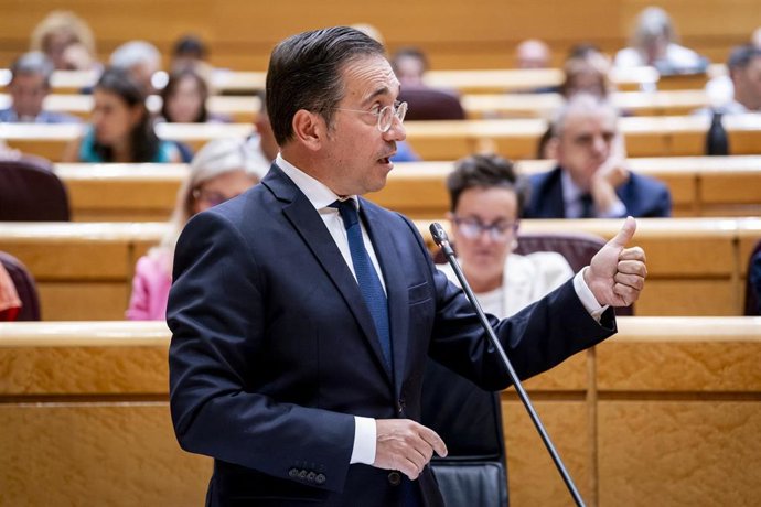 El ministro de Asuntos Exteriores, Unión Europea y Cooperación, José Manuel Albares, interviene durante una sesión de control al Gobierno, en el Senado, a 9 de septiembre de 2025, en Madrid (España).