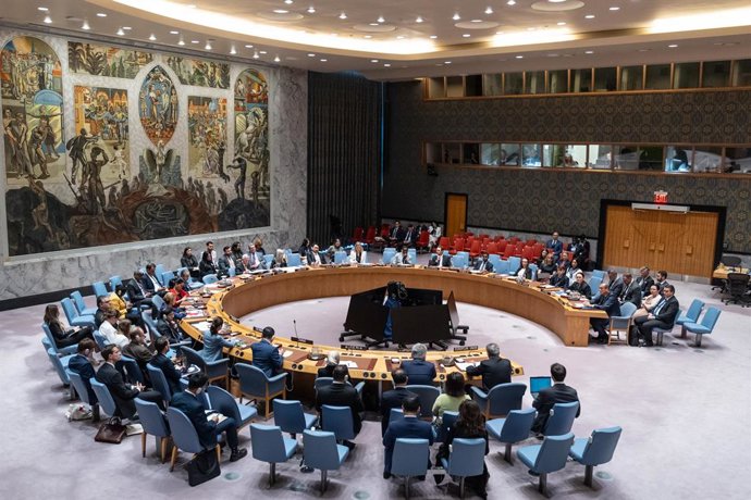 29 de agosto de 2025, Nova York, Nova York, EUA: Vista geral da câmara do Conselho de Segurança durante reunião de emergência do CS sobre a manutenção da paz e da segurança da Ucrânia na sede da ONU em Nova York, NY, em 29 de agosto de 2025. A reunião foi