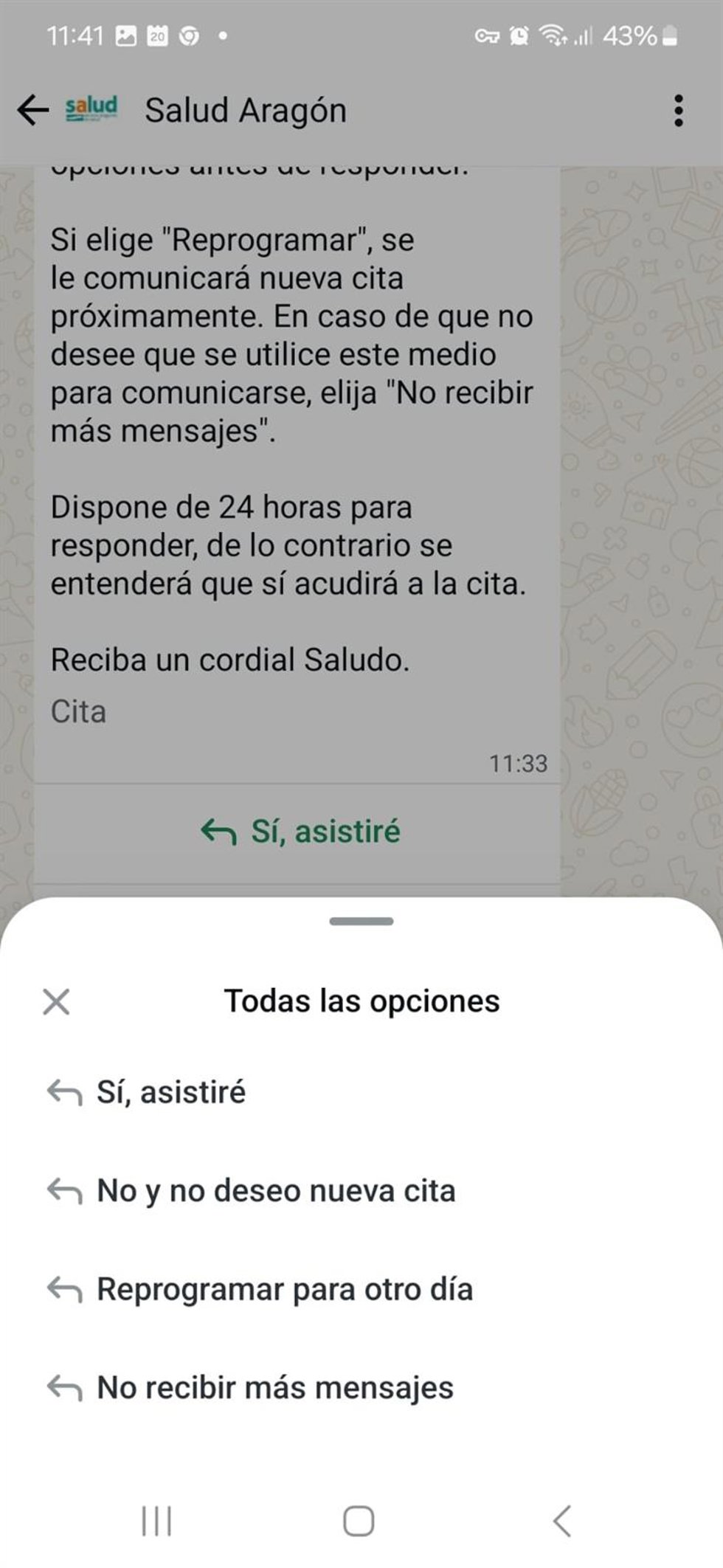 Mensaje que llega al paciente del programa TuCitaSalud.