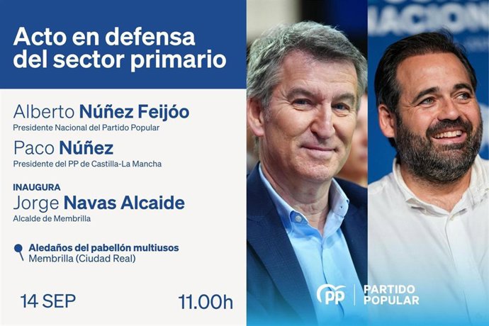 El presidente nacional del PP, Alberto Núñez Feijóo, participará este domingo en un acto en defensa del sector primario en Membrilla