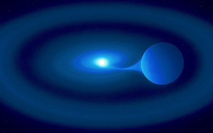 La estrella doble V Sagittae, a unos 10.000 años luz de la Tierra, brilla intensamente porque una enana blanca codiciosa se está atiborrando de su gemela más grande.