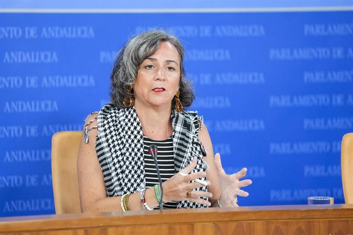 La portavoz adjunta del Grupo Mixto-AdelanteAndalucía, Begoña Iza, durante la ronda de ruedas de prensa de portavoces de los grupos parlamentarios en el Parlamento de Andalucía, a 10 de septiembre de 2025 en Sevilla (Andalucía, España). Los portavoces de 