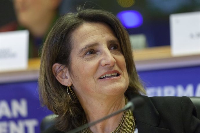 Archivo - La candidata a la vicepresidencia ejecutiva de Transición Limpia, Justa y Competitiva, y a la cartera de Competencia de la Comisión Europea, Teresa Ribera, durante su intervención en el Parlamento Europeo en el proceso de audiencia para la confi