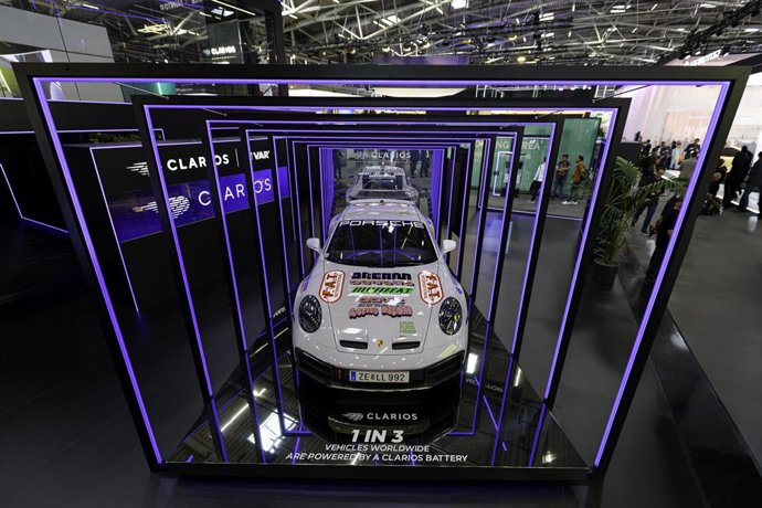 The Porsche from FAT International on display at IAA Mobility 2025 - a real-world showcase of OPTIMA Race Battery technology under extreme motorsports conditions.