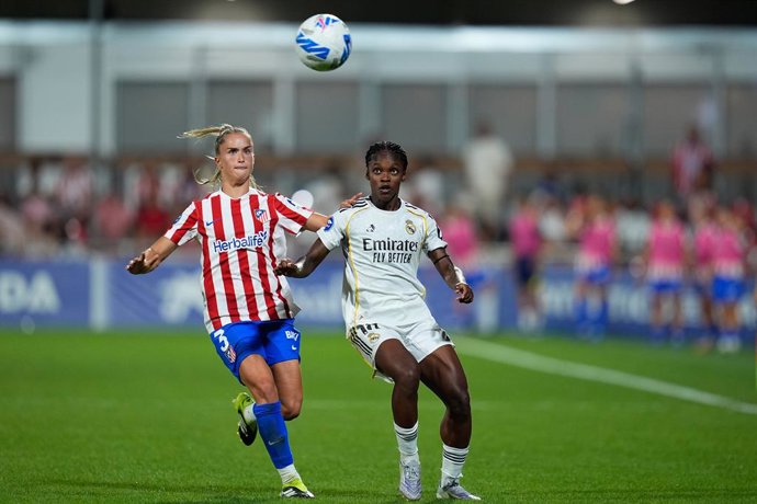 Linda Caicedo of Real Madrid and Andrea Medina of Atletico de Madrid compete for the ball during the Spanish Women League, Liga F, football match played between Atletico de Madrid and Real Madrid at Centro Deportivo Alcala de Henares on September 5, 2025 