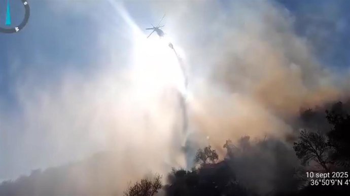 Un helicóptero desplegado por el Plan Infoca realiza descargas en un incendio forestal activo en Almogía.