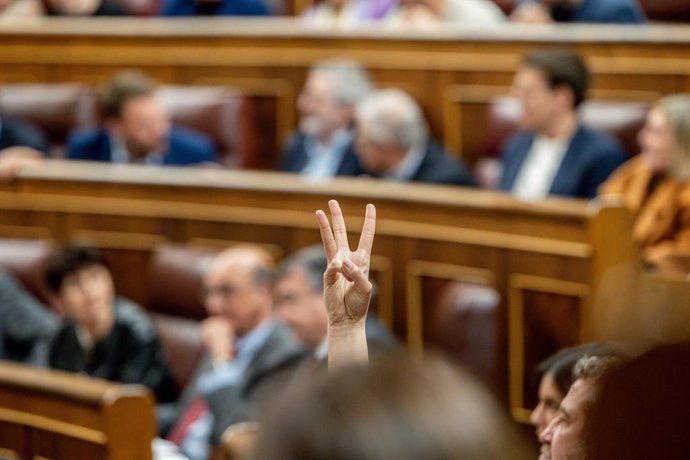 Archivo - Arxivo - Una persona indica la votació a realitzar pel seu partit durant una sessió plenària