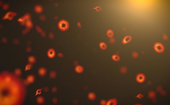 Essa concepção artística adota uma abordagem fantasiosa para imaginar minúsculos buracos negros primordiais. Na realidade, esses minúsculos buracos negros teriam dificuldade para formar os discos de acreção que os tornam visíveis aqui.