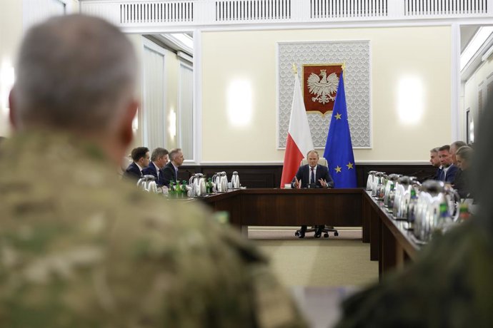 September 10, 2025: Polish Prime Minister Donald Tusk holds an extraordinary government meeting at the chancellery, with military and emergency services officials, following violations of Polish airspace during a Russian attack on Ukraine, in Warsaw, Pola