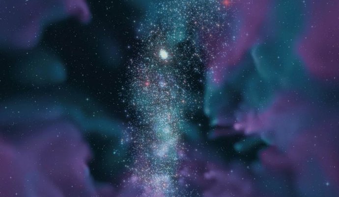 Un cúmulo globular (concentración blanca de estrellas) emerge de forma natural en las simulaciones EDGE de alta resolución. Estas simulaciones también predicen la existencia de una nueva clase de objeto: enanas similares a cúmulos globulares.