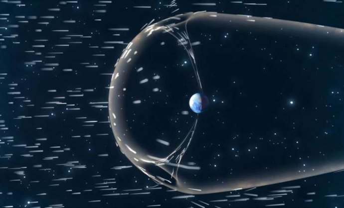 Esta ilustración muestra la magnetosfera terrestre interactuando con el viento solar. La magnetosfera protege a la Tierra de la radiación solar y cósmica dañina.