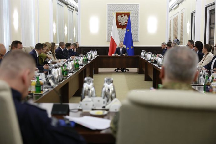 September 10, 2025: Polish Prime Minister Donald Tusk holds an extraordinary government meeting at the chancellery, with military and emergency services officials, following violations of Polish airspace during a Russian attack on Ukraine, in Warsaw, Pola