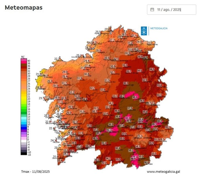 Mapa de temperaturas de MeteoGalicia a 11 de agosto de 2025