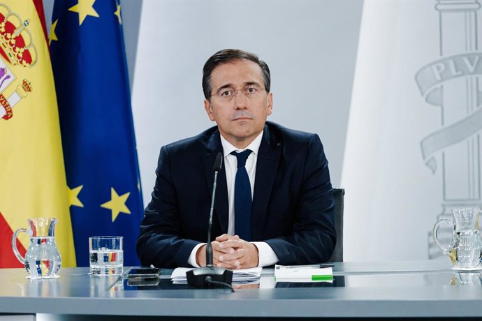 O Ministro das Relações Exteriores, União Europeia e Cooperação, José Manuel Albares, durante uma coletiva de imprensa após a reunião do Conselho de Ministros, em 9 de setembro de 2025, em Madri (Espanha). O Ministério da Saúde apresentou ao Conselho