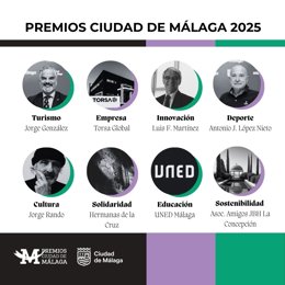 Ganadores de lo Premios Ciudad de Málaga 2025 que se entregarán en el Ayuntamiento este viernes