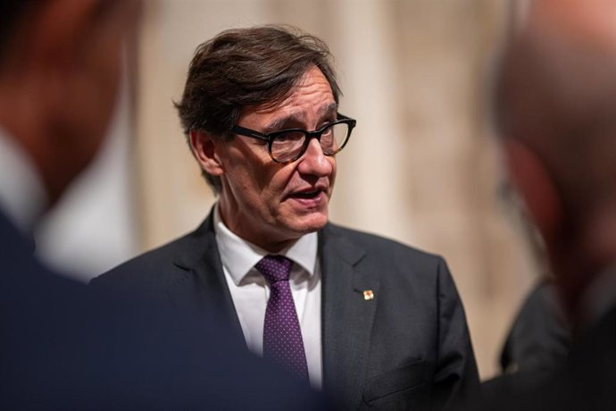 El president de la Generalitat, Salvador Illa, interviene durante un acto, en el Palau de la Generalitat, a 8 de septiembre de 2025, en Barcelona, Catalunya (España)