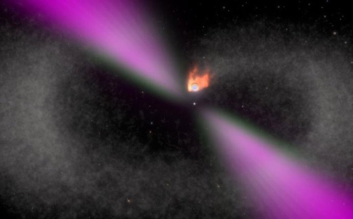 Visualización que forma parte de una animación de un púlsar viuda negra quemando a su compañero.