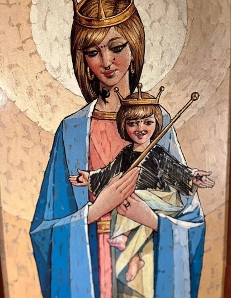 Pintadas a la Virgen y al niño de la ermita de la Malena, en sierra de Bonés (Huesca)