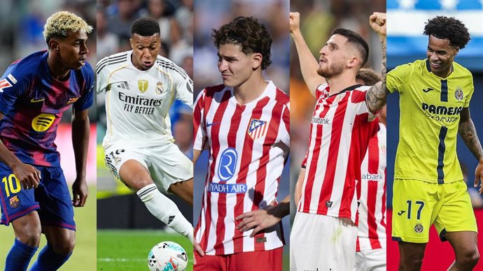 Los futbolistas Lamine Yamal (FC Barcelona), Kylian Mbappé (Real Madrid), Julián Álvarez (Atlético de Madrid), Oihan Sancet (Athletic Club) y Tajon Buchanan (Villarreal CF).