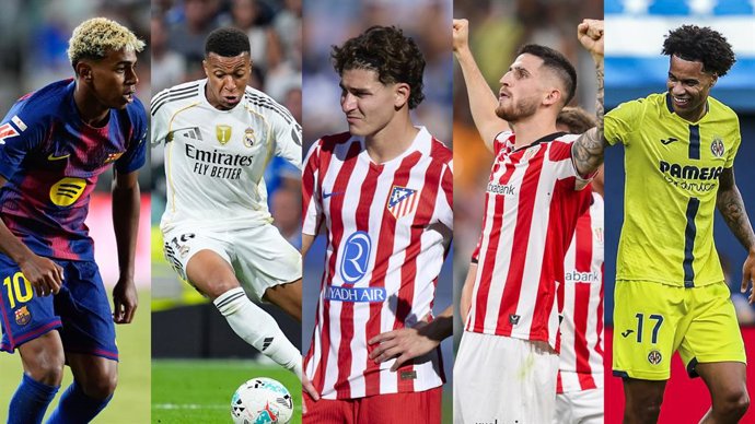 Los futbolistas Lamine Yamal (FC Barcelona), Kylian Mbappé (Real Madrid), Julián Álvarez (Atlético de Madrid), Oihan Sancet (Athletic Club) y Tajon Buchanan (Villarreal CF).