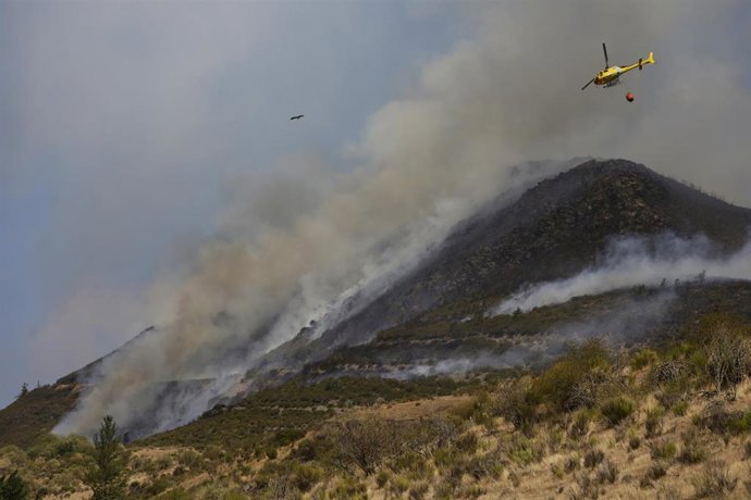 Efectivos trabajan en el incendio Fasgar, visto desde Tremor de Arriba, a 28 de agosto de 2025. El incendio del municipio de Fasgar, en León, continúa en el nivel 2 de peligrosidad tras 20 días.