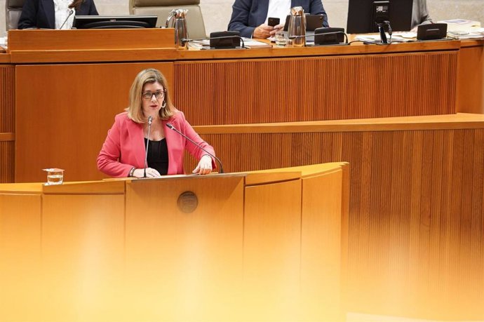 La consejera de Empleo, Ciencia y Universidades del Gobierno de Aragón, Claudia Pérez Forniés, este viernes en el Pleno de las Cortes.