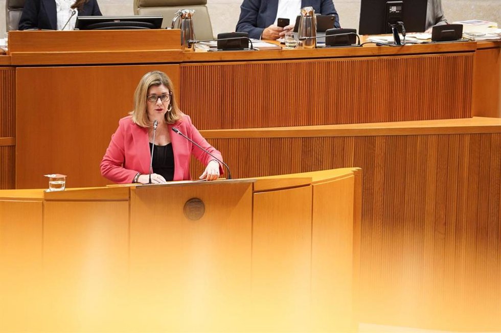 La consejera de Empleo, Ciencia y Universidades del Gobierno de Aragón, Claudia Pérez Forniés, este viernes en el Pleno de las Cortes.