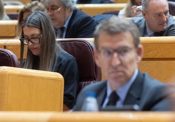 Archivo - Arquivo - A porta-voz da Junts no Congresso, Miriam Nogueras (esquerda), e o líder do PP, Alberto Núñez Feijóo (direita), durante a sessão extraordinária do Congresso, no Palácio do Senado, em 18 de janeiro de 2024, em Madri (Espanha). O Congres