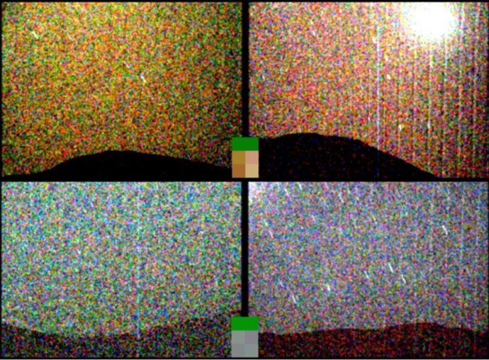 Cuatro imágenes de Perseverance. Las de la izquierda muestran las dos detecciones de aurora, el 18 de marzo y el 18 de mayo de 2024. A la derecha, se muestran las imágenes sin detecciones con una iluminación del cielo comparable.