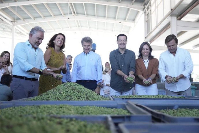El presidente del PP, Alberto Núñez Feijóo, el presidente del PP-A y de la Junta, Juanma Moreno; la presidenta del PP de Málaga, Patricia Navarro; el vicesecretario del PP y diputado, Elías Bendodo; y la presidenta del PP local de Alhaurín el Grande.