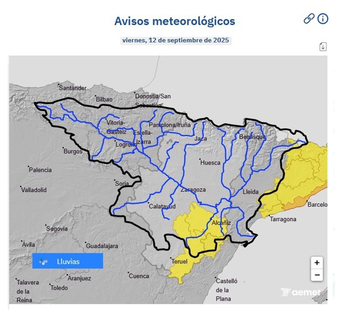 Avisos grocs per pluges en les províncies de Terol i Castelló.