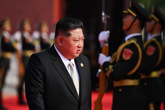 CHINA, BEIJING - SEPTEMBER 3, 2025: North Korea's leader Kim Jong Un arrives for a military parade marking the 80th anniversary of victory over the militarist Japan and the end of World War II