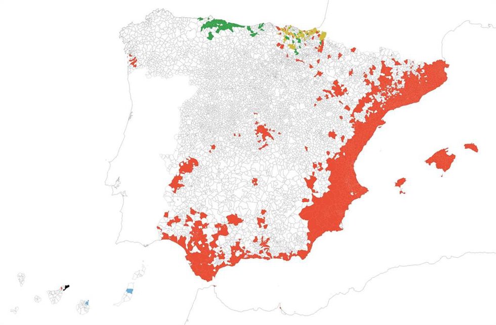 Mapa de los municipios españoles con detecciones reportadas durante el período 20042024.