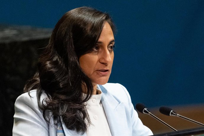 Archivo - 28 de julho de 2025, Bronx, Nova York, EUA: Anita Anand, Ministra das Relações Exteriores do Canadá, fala durante a Conferência Internacional de Alto Nível para a Resolução Pacífica da Questão da Palestina e a Implementação da Solução de Dois Es