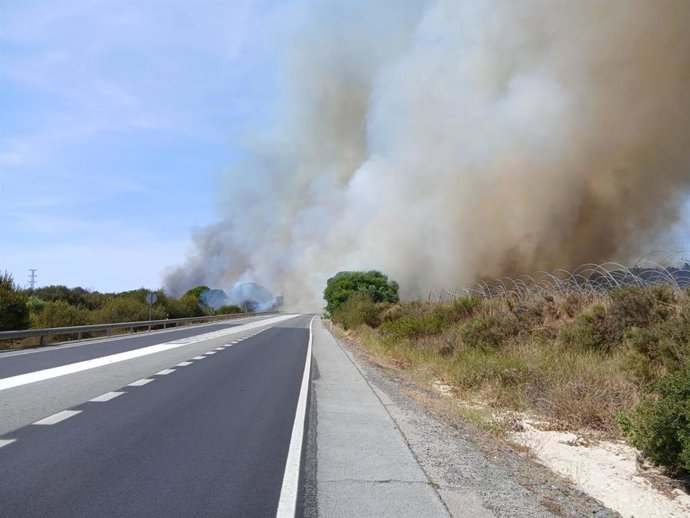 Imagen del incendio declarado en el paraje Arroyo el Colmenar, en Bonares.