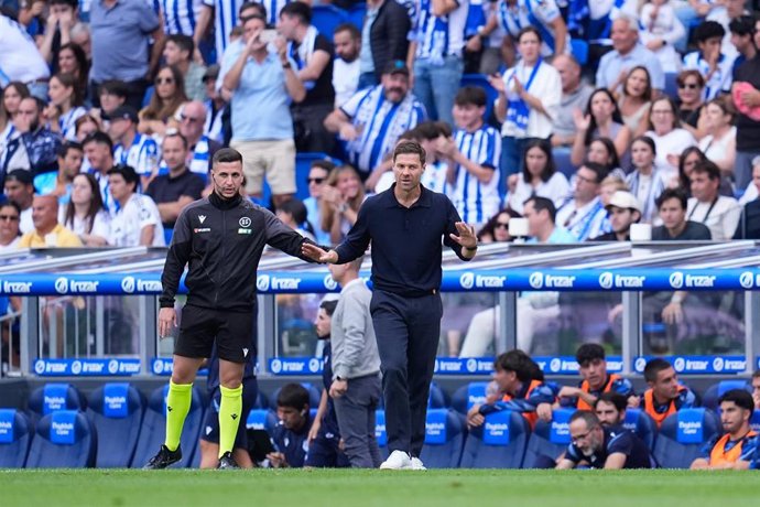 Xabi Alonso, head coach of Real Madrid, protests during the Spanish League, LaLiga EA Sports, football match played between Real Sociedad and Real Madrid at Reale Arena on September 13, 2025, in San Sebastian, Spain.