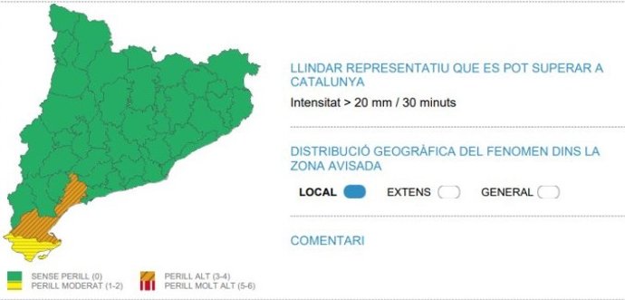 Mapa d'avisos per pluges aquest diumenge