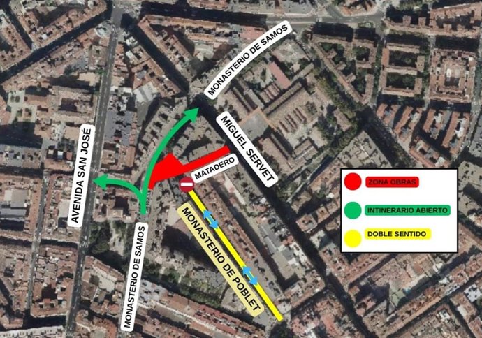 Mapa con las ateraciones en la circulación que provoca desde este martes 16 el corte para su reforma integral de la calle Matadero de Zaragoza.