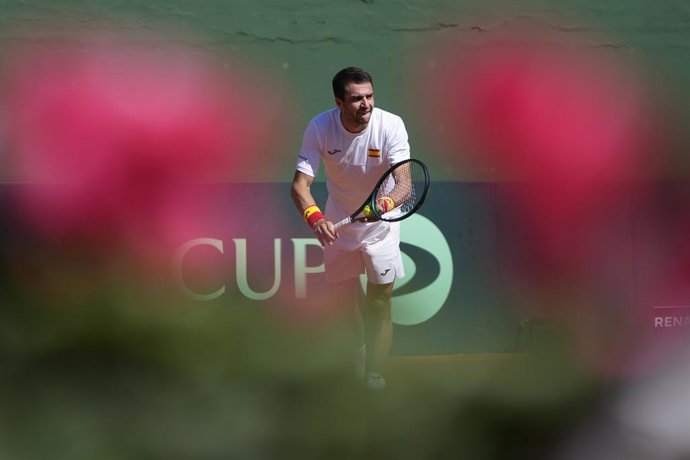 Pedro Martinez of Spain in action against August Holmgren and Johannes Ingildsen of Denmark during their men’s doubles tennis match to 2025 Davis Cup Qualifiers Second Round between Spain and Denmark at Club Tennis Puente Romano on September 14, 2025, in 